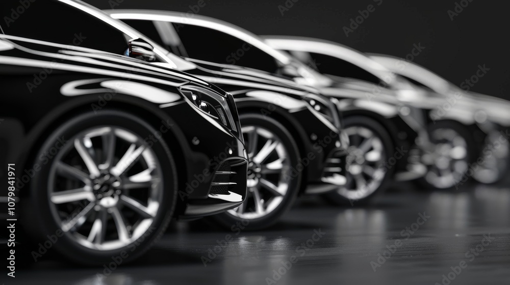 A row of elegant black cars in a parking lot. Black background. A row of elegant black cars in a parking lot. Black background.