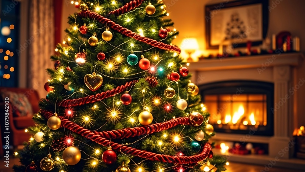 A beautifully decorated Christmas tree with warm lights and a cozy fireplace in the background