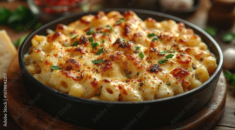 A close up of a dish of macaroni and cheese, topped with melted cheese and herbs, in a cast iron skillet. A close up of a dish of macaroni and cheese, topped with melted cheese and herbs, in a cast iron skillet.