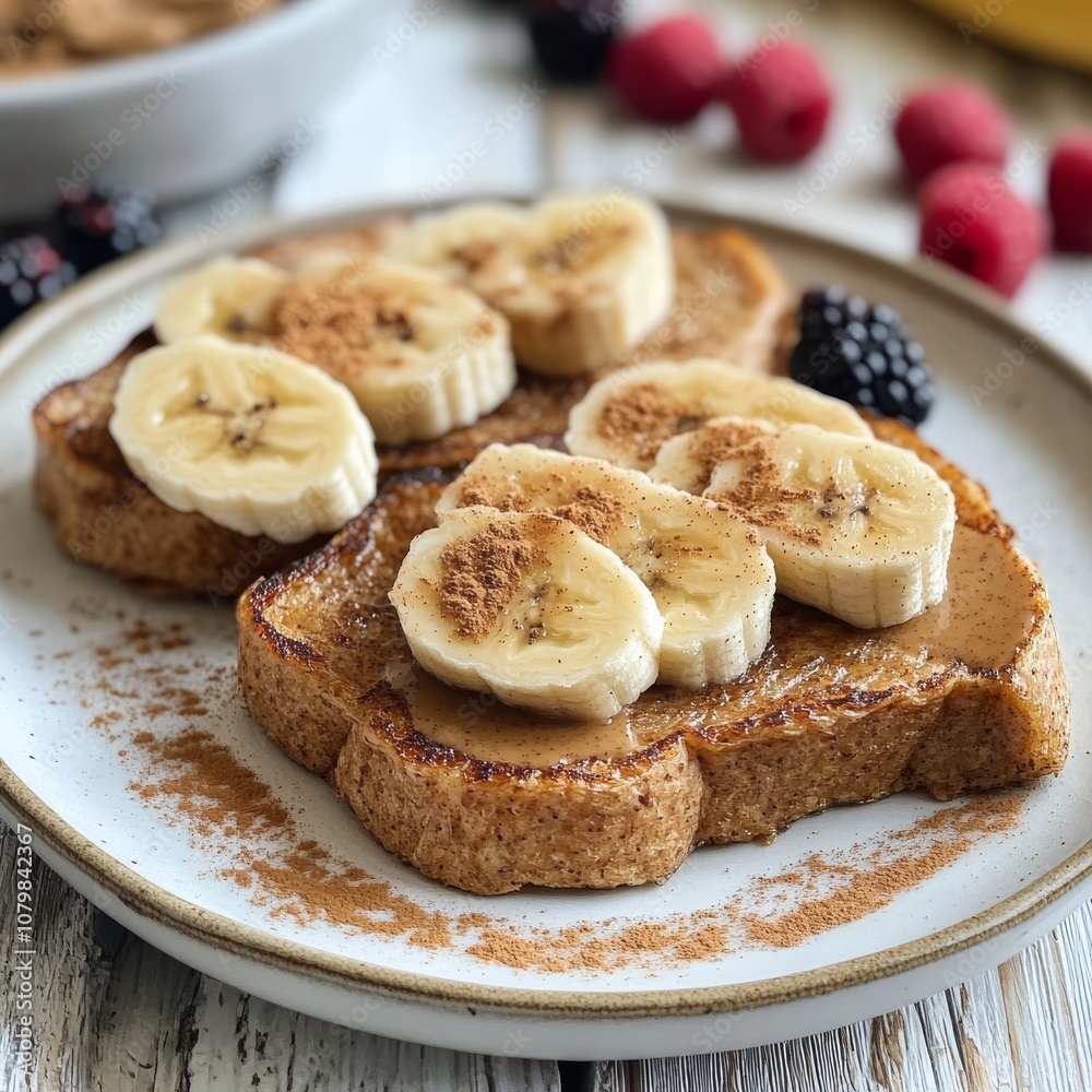 A slice of toast spread with creamy peanut butter is stacked with banana slices and lightly sprinkled with cinnamon, offering a healthy start to a delicious morning. A slice of toast spread with creamy peanut butter is stacked with banana slices and lightly sprinkled with cinnamon, offering a healthy start to a delicious morning.