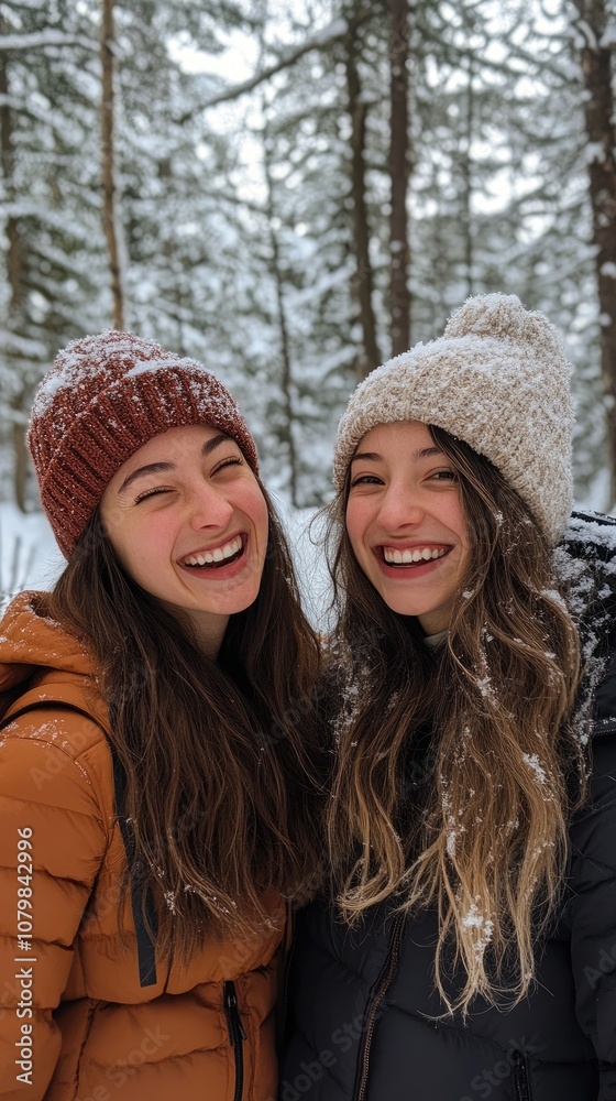 Two happy hikers laughing in snowy forest wearing winter clothes Two happy hikers laughing in snowy forest wearing winter clothes