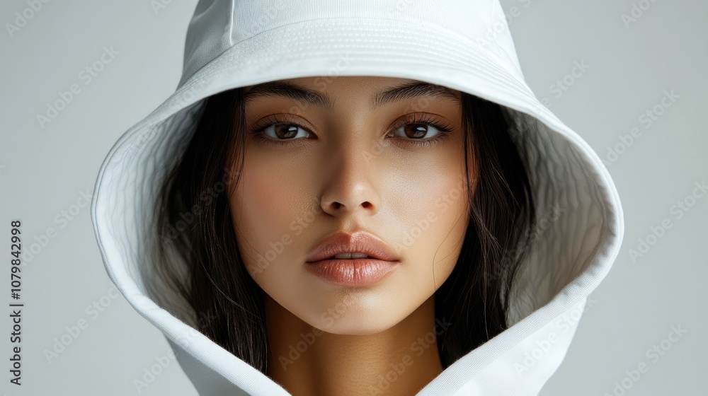 Fashion model wearing white bucket hat and hoodie posing in studio Fashion model wearing white bucket hat and hoodie posing in studio