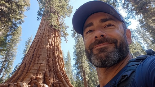 Hiker smiling near giant sequoia in sequoia national park