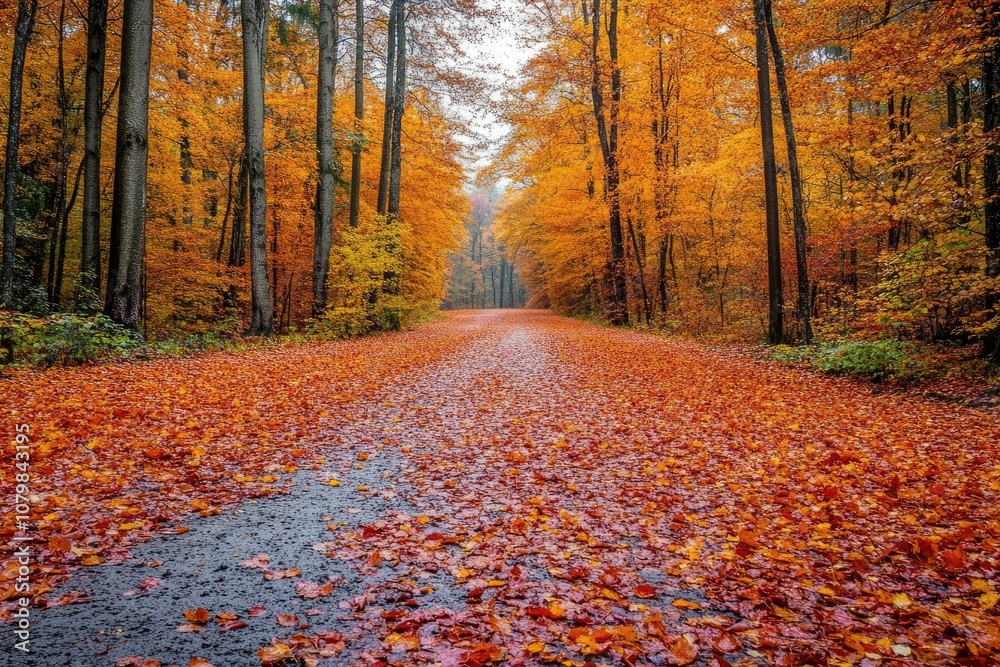Naklejka premium Wet asphalt road covered with colorful autumn leaves in a forest