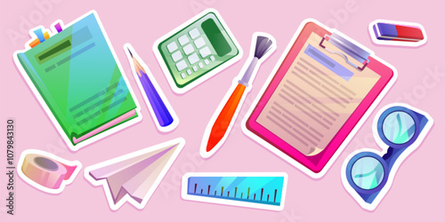 Colorful school stationery stickers on pink background. Study item of textbook and clipboard, calculator and pencil, brush and ruler, glasses and paper plane, eraser and tape for back to school design