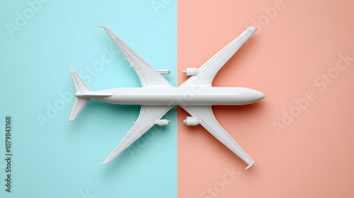 White airplane on a blue and peach background.