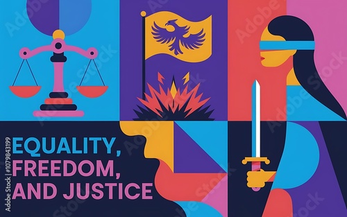 Banner featuring vibrant icons of equality, freedom, and justice photo