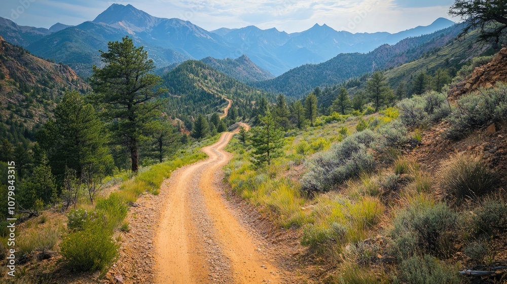 Naklejka premium Winding dirt road leading into the mountain range