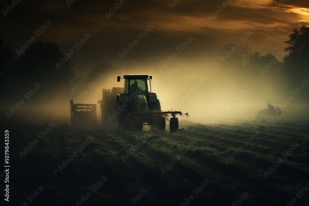 Fototapeta premium Grit and Gradient: A Tonalist Tractor Spraying Vegetable Fields in Dark, Sharp Contours