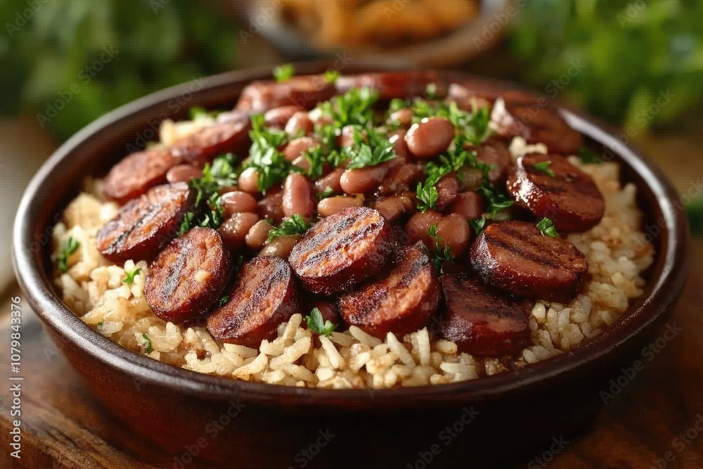 Delicious cajun-style sausage and red beans with rice garnished with parsley Delicious cajun-style sausage and red beans with rice garnished with parsley
