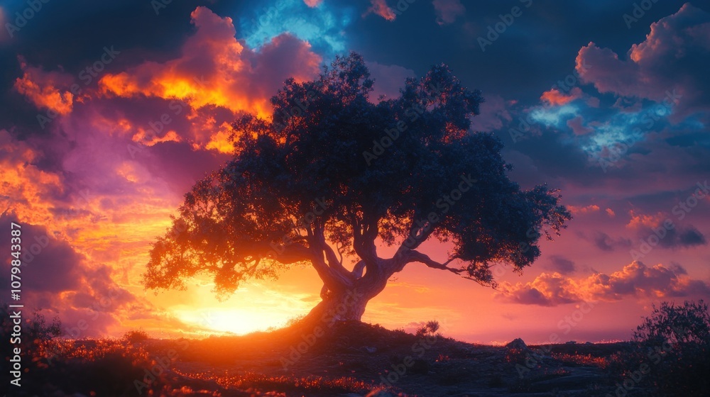 A lone tree stands silhouetted against a vibrant sunset sky, creating a dramatic and peaceful scene. A lone tree stands silhouetted against a vibrant sunset sky, creating a dramatic and peaceful scene.