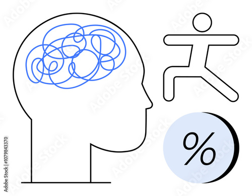 Side view silhouette of human head with blue tangled lines, person running, and percentage symbol. Ideal for mental health, exercise motivation, mindfulness, analytics, wellness programs, education