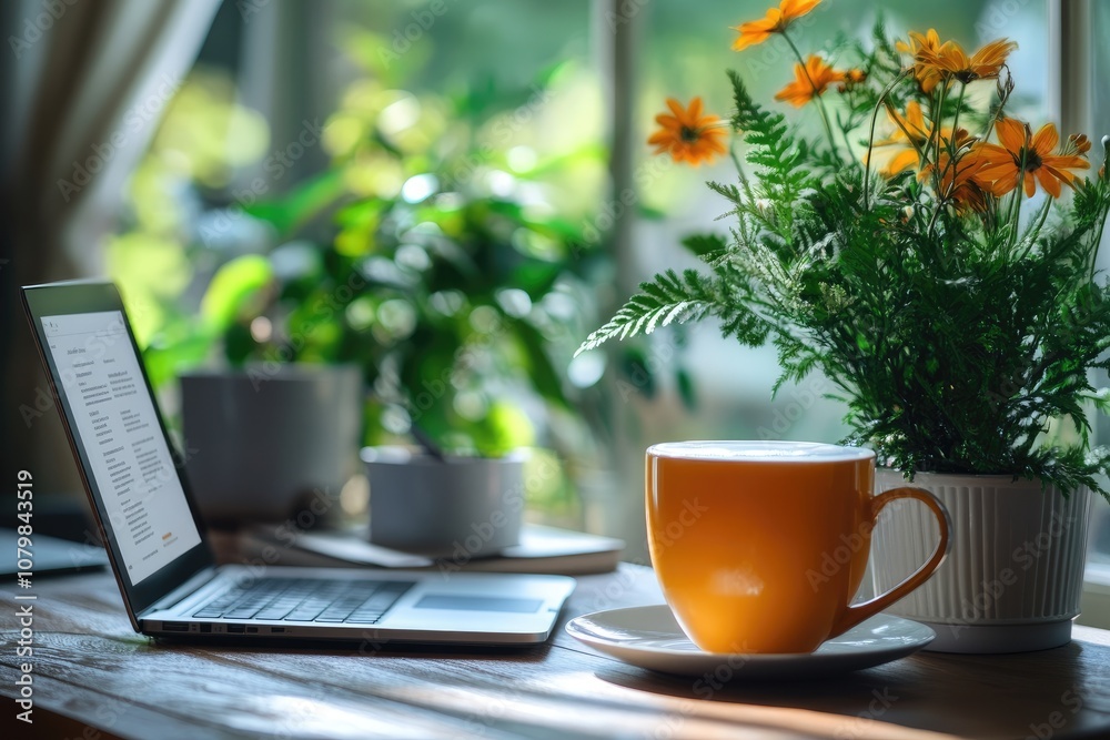 Cozy home office setup with laptop, coffee, and plants by sunny window Cozy home office setup with laptop, coffee, and plants by sunny window