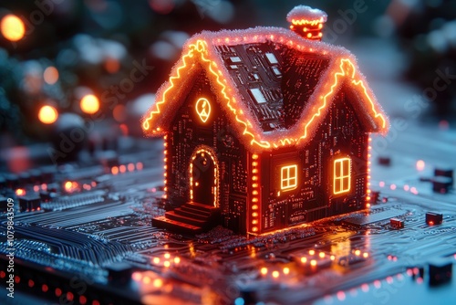 Christmas smart home showing futuristic pcb motherboard and glowing wires photo