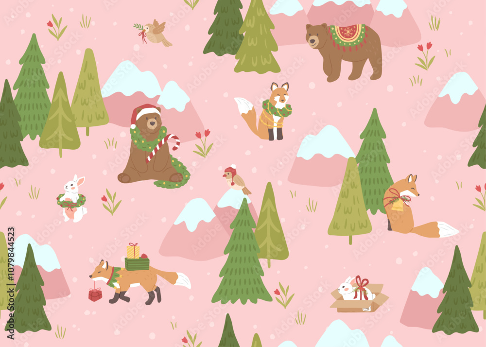 Fototapeta premium Winter Christmas seamless pattern of forest animal, grizzly bear and fox decorations landscape vector illustration