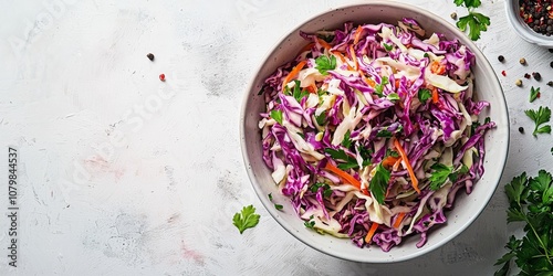A crisp coleslaw of shredded purple cabbage and carrots, garnished with parsley, offering a visually appealing and nutritious addition to any meal.