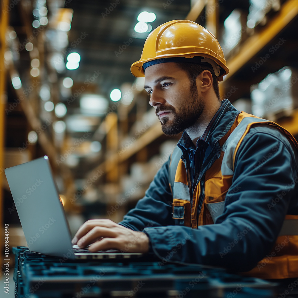 A man in a yellow hard hat is working on a laptop in a warehouse. He is wearing a safety vest and he is focused on his work A man in a yellow hard hat is working on a laptop in a warehouse. He is wearing a safety vest and he is focused on his work