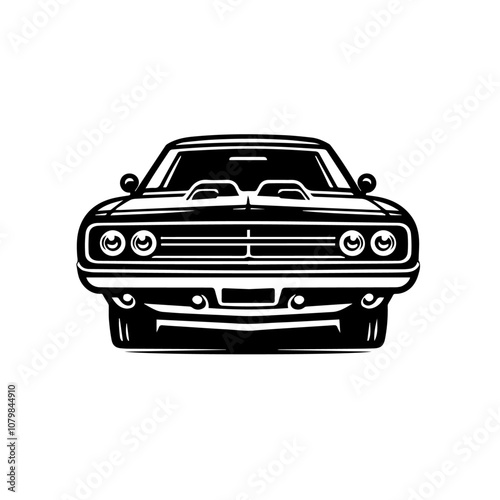 Classic Muscle Car Front View Vector – Vintage Automotive Icon in Bold Black and White Style for Retro Car Design Projects