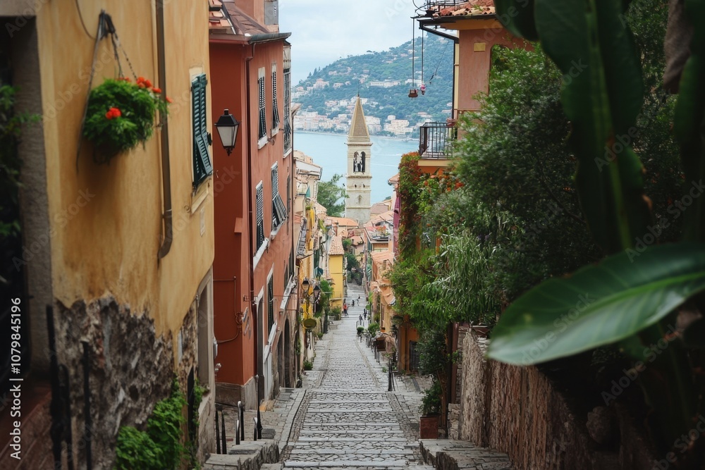 Obraz premium A narrow cobblestone street leads up to a church with a bell tower, overlooking a blue bay.