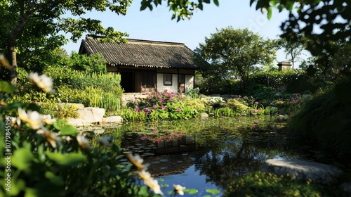 Tranquil Rural Scene of Thatched Roof Farmhouse Surrounded by Flower Gardens and Reflective Pond in Rural China