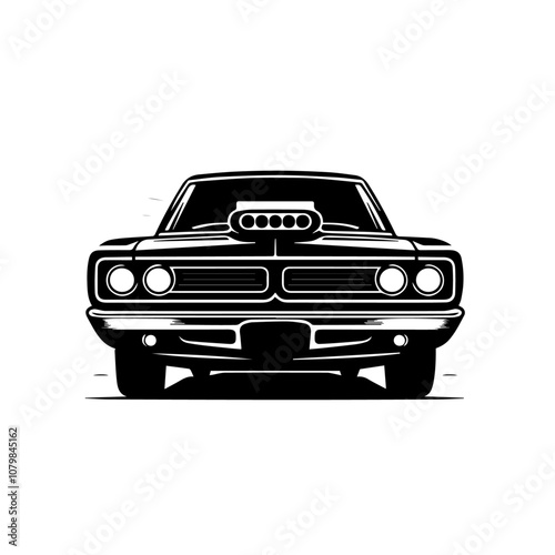 Classic Muscle Car Front View Vector – Vintage Automotive Icon in Bold Black and White Style for Retro Car Design Projects