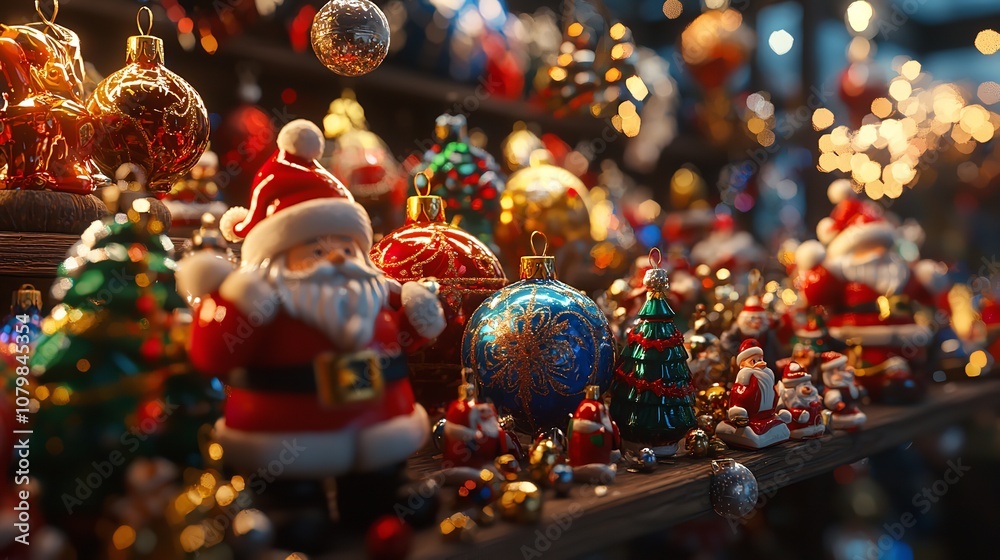 Naklejka premium A festive display of colorful holiday decorations and figurines.