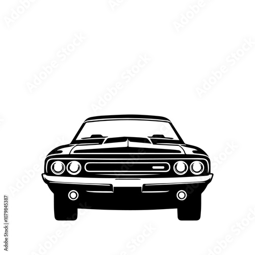 Classic Muscle Car Front View Vector – Vintage Automotive Icon in Bold Black and White Style for Retro Car Design Projects