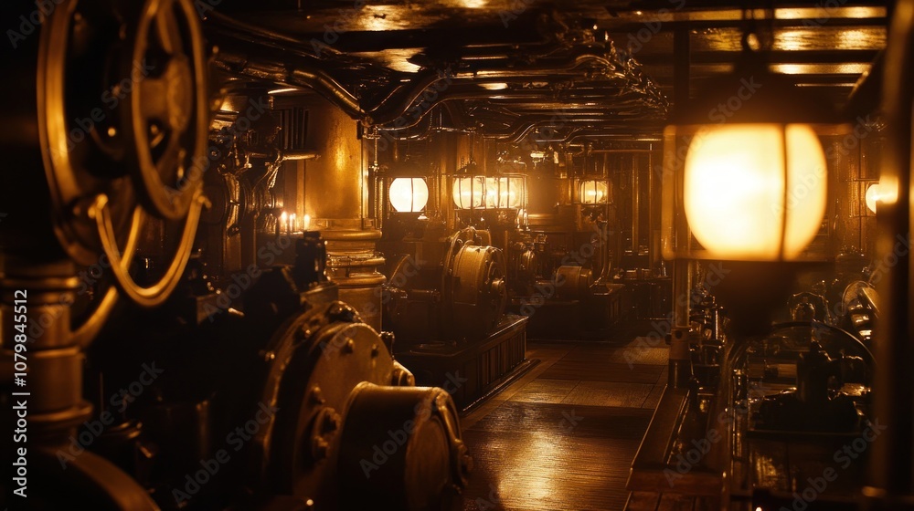 Fototapeta premium A dimly lit engine room of a ship, showcasing the intricate machinery and pipes. The warm glow of the lights illuminates the space, creating a sense of mystery and industry.