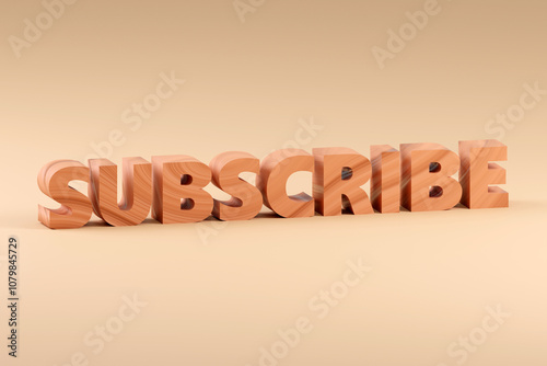 Luxury wooden inscription subscribe on grey podium, soft light, smooth background, 3d rendering