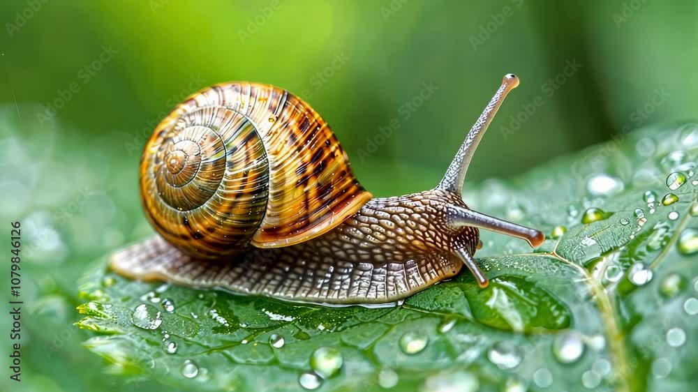 Close-Up of a Beautiful Brown Snail Crawling on a Green Leaf with Detailed Shell Texture and Nature's Vibrant Background, Ideal for Nature and Wildlife Themes Close-Up of a Beautiful Brown Snail Crawling on a Green Leaf with Detailed Shell Texture and Nature's Vibrant Background, Ideal for Nature and Wildlife Themes