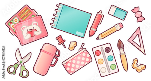 Kawaii school supplies set in pastel colors. Lunch box with food, notebook and scissors, thermos or water bottle and pencil case, paint palette with brush, ruler, pen and pencil. Education stickers.