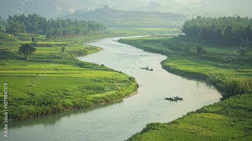 Tranquil Rural China Landscape with River, Cultivating Farmers, and Bamboo Boats - Ultra-Detailed Scene of Traditional Life