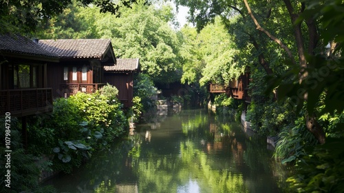 Serene Rural China Landscape with Traditional Wooden Houses Along Riverbank Surrounded by Lush Greenery