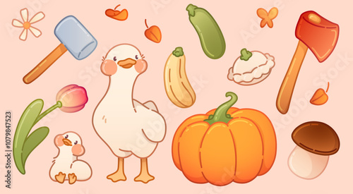 Autumn farm harvest and ducks set isolated on orange background. Contemporary vector cartoon illustration of cute domestic birds, pumpkin, mushroom, yellow leaves, tools, Thanksgiving card pattern