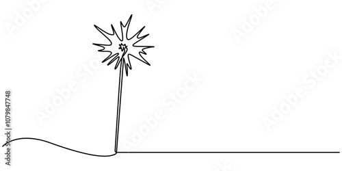 Sparklers burning in continuous line art drawing style. Festive Bengal lights minimalist black linear design isolated on white background. Pro Vector illustration, continuous one line art style.