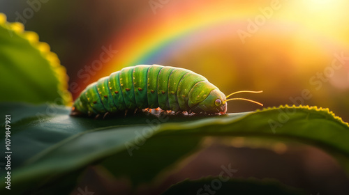 Enchanted scene of a green tea worm basking in warm sunlight under a vibrant rainbow