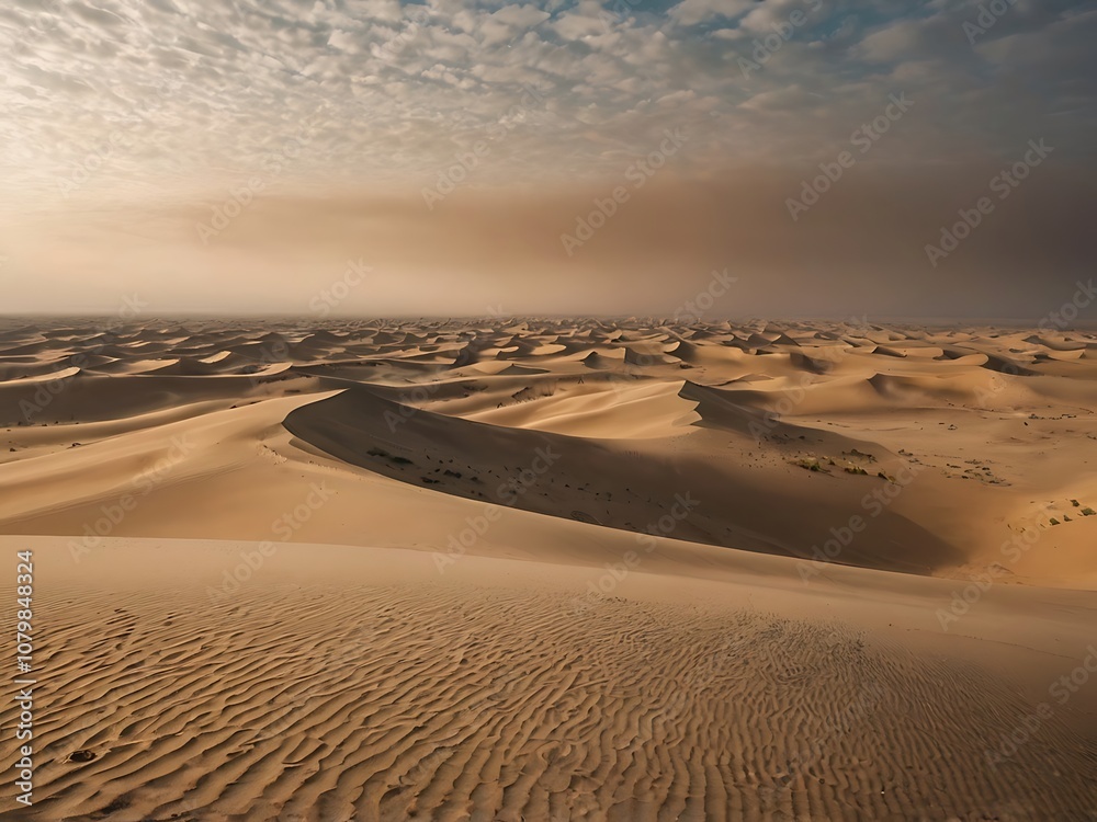 Naklejka premium Expansive Desert Landscape Under a Hazy Sky