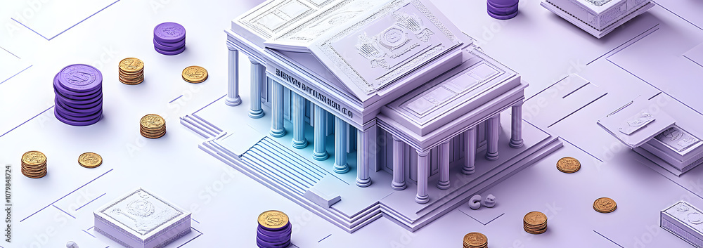 3D icon of a bank building with coins flying around, featuring a minimalist purple background. The illustration conveys concepts of finance, savings, investment, and banking with a modern and simplist 3D icon of a bank building with coins flying around, featuring a minimalist purple background. The illustration conveys concepts of finance, savings, investment, and banking with a modern and simplist