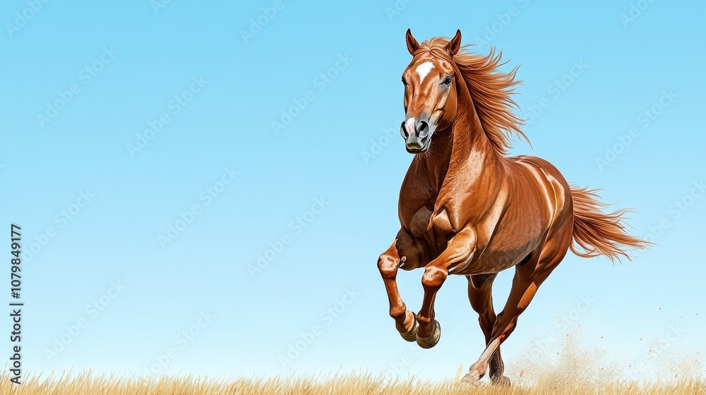Fototapeta premium Majestic Chestnut Horse Galloping in Field Summer Day