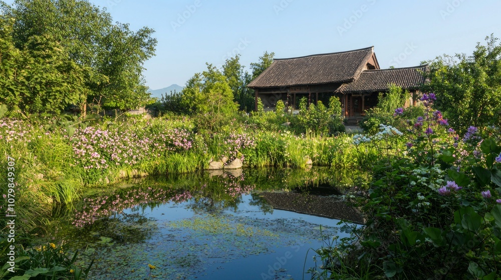 Peaceful Countryside Retreat: Charming Thatched Roof Farmhouse Surrounded by Blooming Gardens and Reflective Pond in Rural China Peaceful Countryside Retreat: Charming Thatched Roof Farmhouse Surrounded by Blooming Gardens and Reflective Pond in Rural China