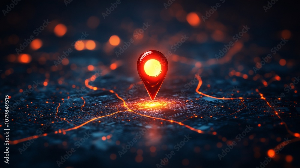 Red pin location marker glows on a digital map. Red pin location marker glows on a digital map.