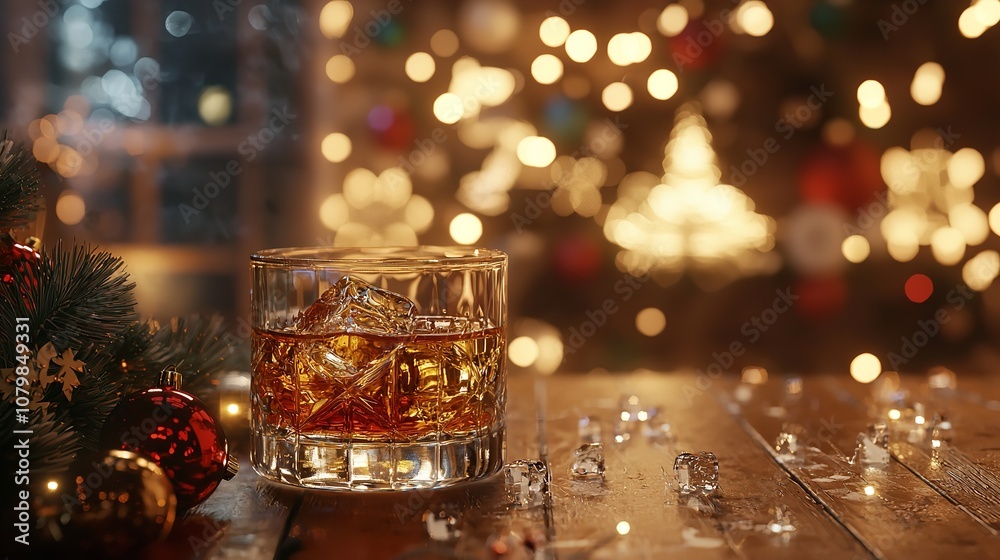 A festive glass of whiskey with ice surrounded by holiday decorations. A festive glass of whiskey with ice surrounded by holiday decorations.