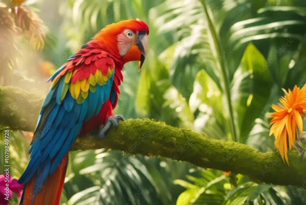 A majestic macaw perched on a lush, tropical branch, its large, vibrant feathers shimmering in the sunlight. The long, colorful tail cascades gracefully, while its curious eyes sparkle with mischief. A majestic macaw perched on a lush, tropical branch, its large, vibrant feathers shimmering in the sunlight. The long, colorful tail cascades gracefully, while its curious eyes sparkle with mischief.