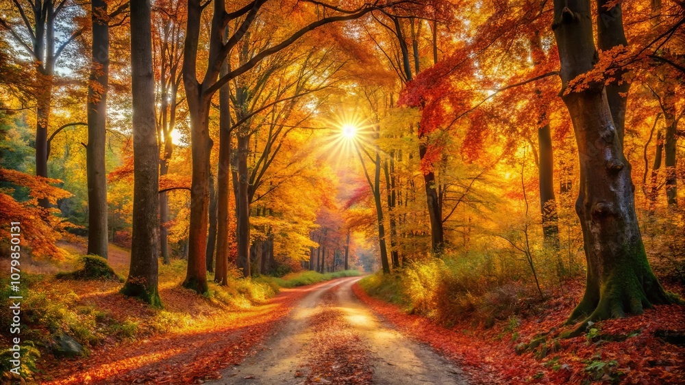 A winding road through a golden forest with sunbeams shining through the canopy, creating a magical autumn scene. A winding road through a golden forest with sunbeams shining through the canopy, creating a magical autumn scene.