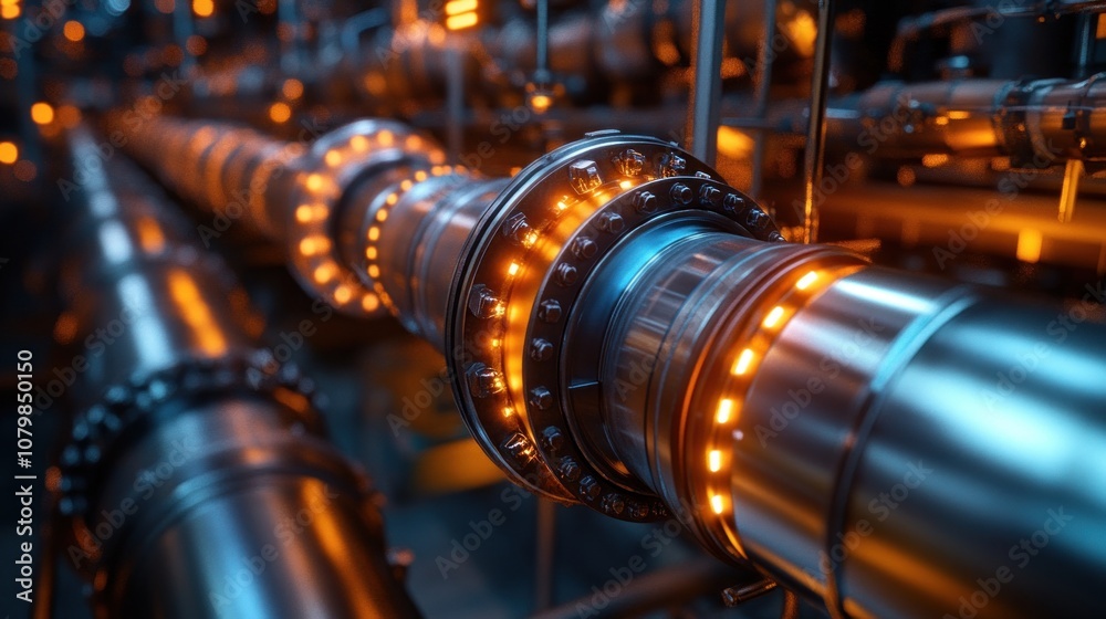 Close-up of illuminated industrial piping and machinery. Close-up of illuminated industrial piping and machinery.