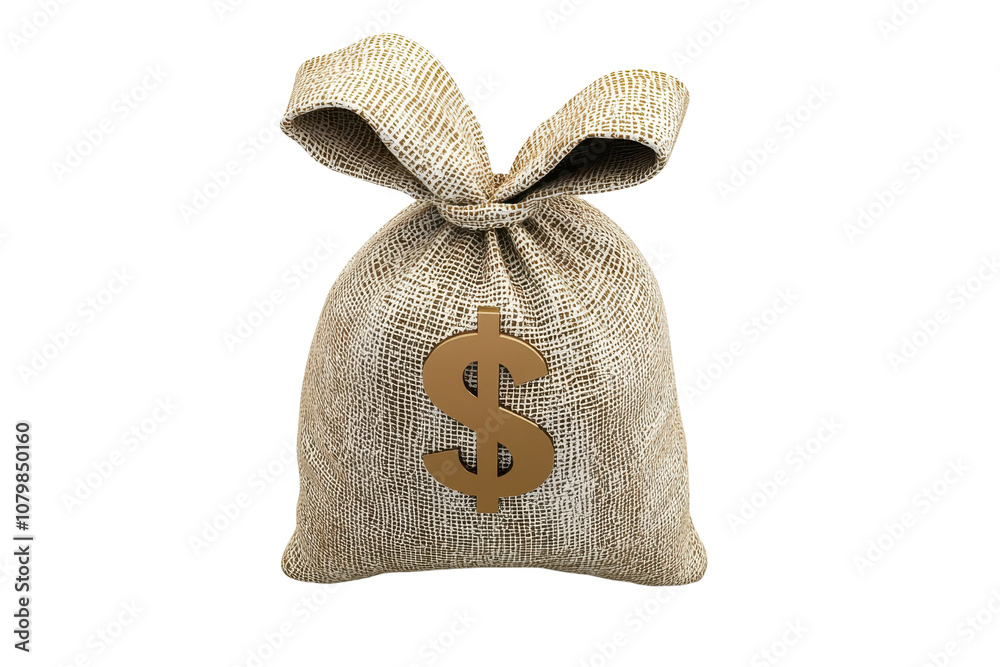 A burlap sack tied with a bow and marked with a dollar sign, symbolizing wealth or money. A burlap sack tied with a bow and marked with a dollar sign, symbolizing wealth or money.