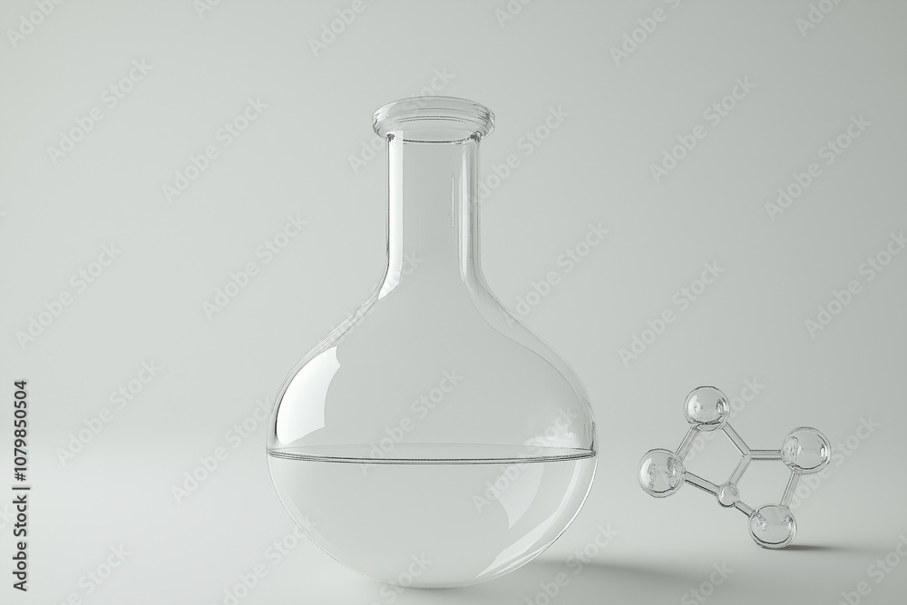 Glass flask and clear molecule model on plain background Glass flask and clear molecule model on plain background