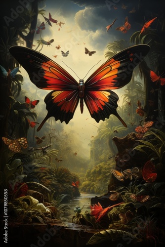 giant butterfly in the misty wood