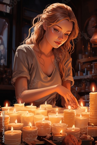 illustration of beautiful girl in red hair with candles alone in the night