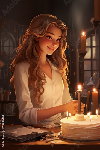 beautiful girl in candle light dinner realistic cartoon illustration in digital painting